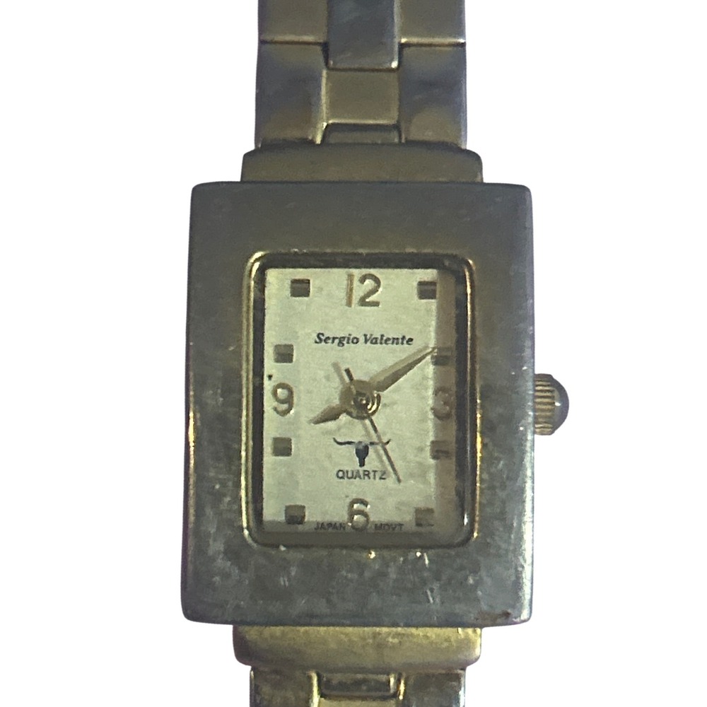 Sergio Valente Two Tone Quartz Watch Rectangle Face Silver Gold Link Bracelet